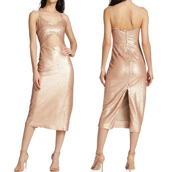 L'AGENCE Femme Sequin Cutout Midi Rose Gold Dress Size 0 - Picture 2 of 9